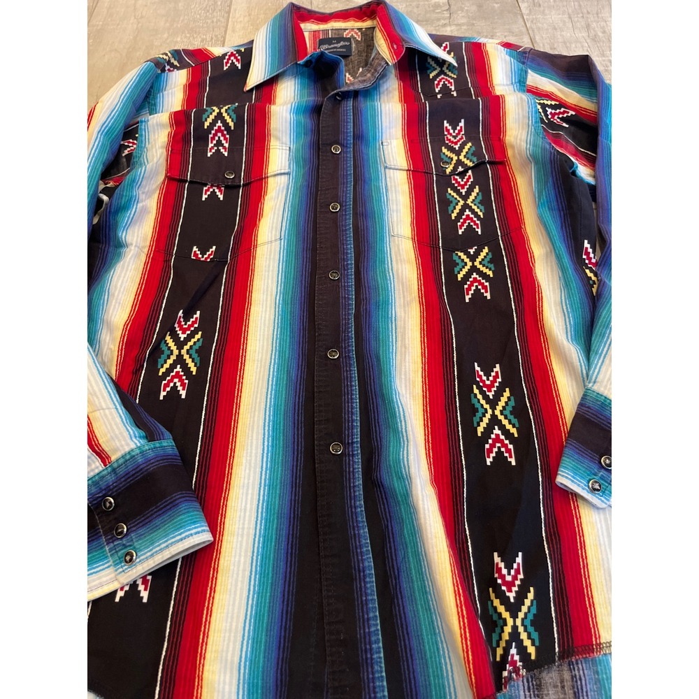 Wrangler Mens Western Snap Shirt Medium Serape Southwest Stripe Pearl Snap Multi